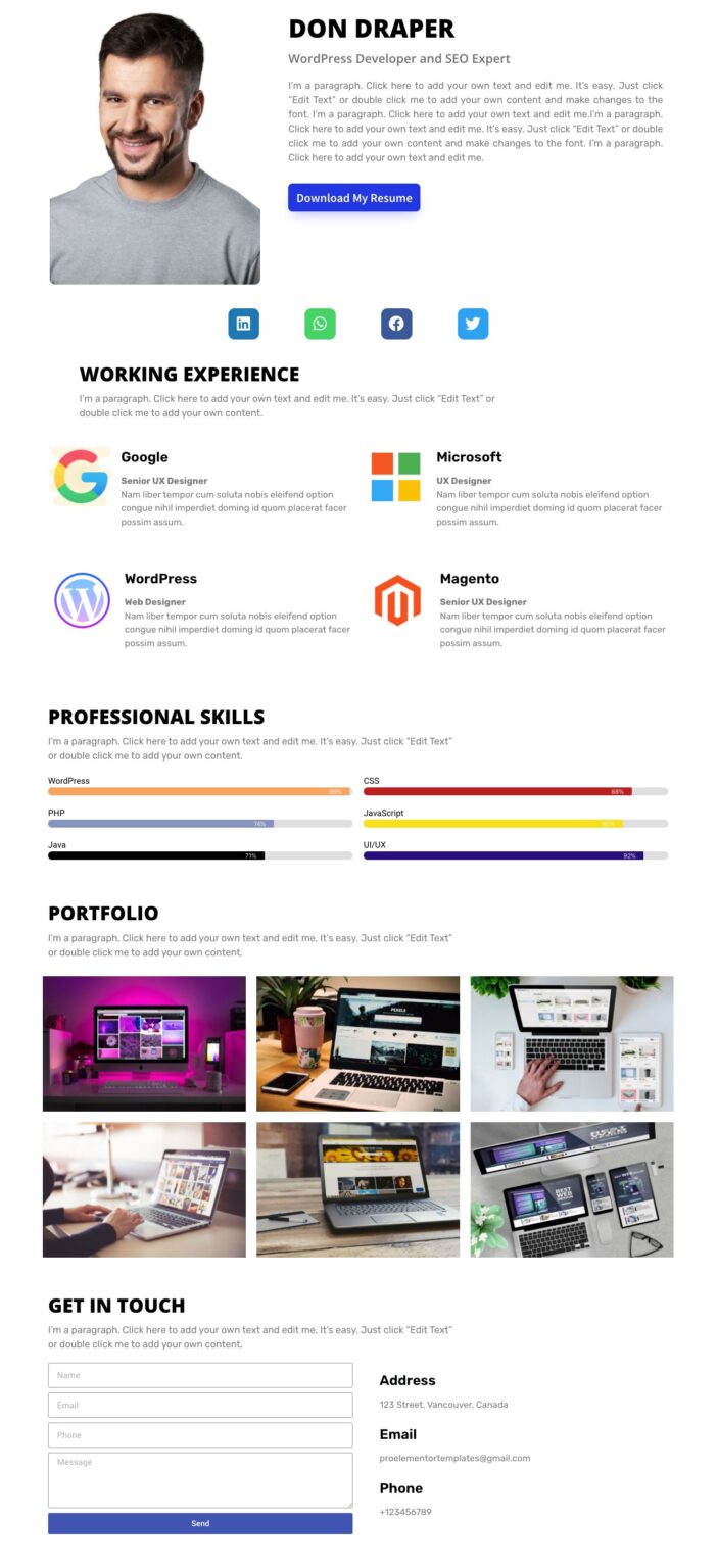 Resume Free Elementor One Page Resume Landing Page Pro Elementor 